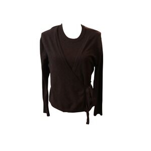 Joie Dark Brown Wrap Sweater Side Tie Ribbed Crew Neck Long Sleeve Knit XL